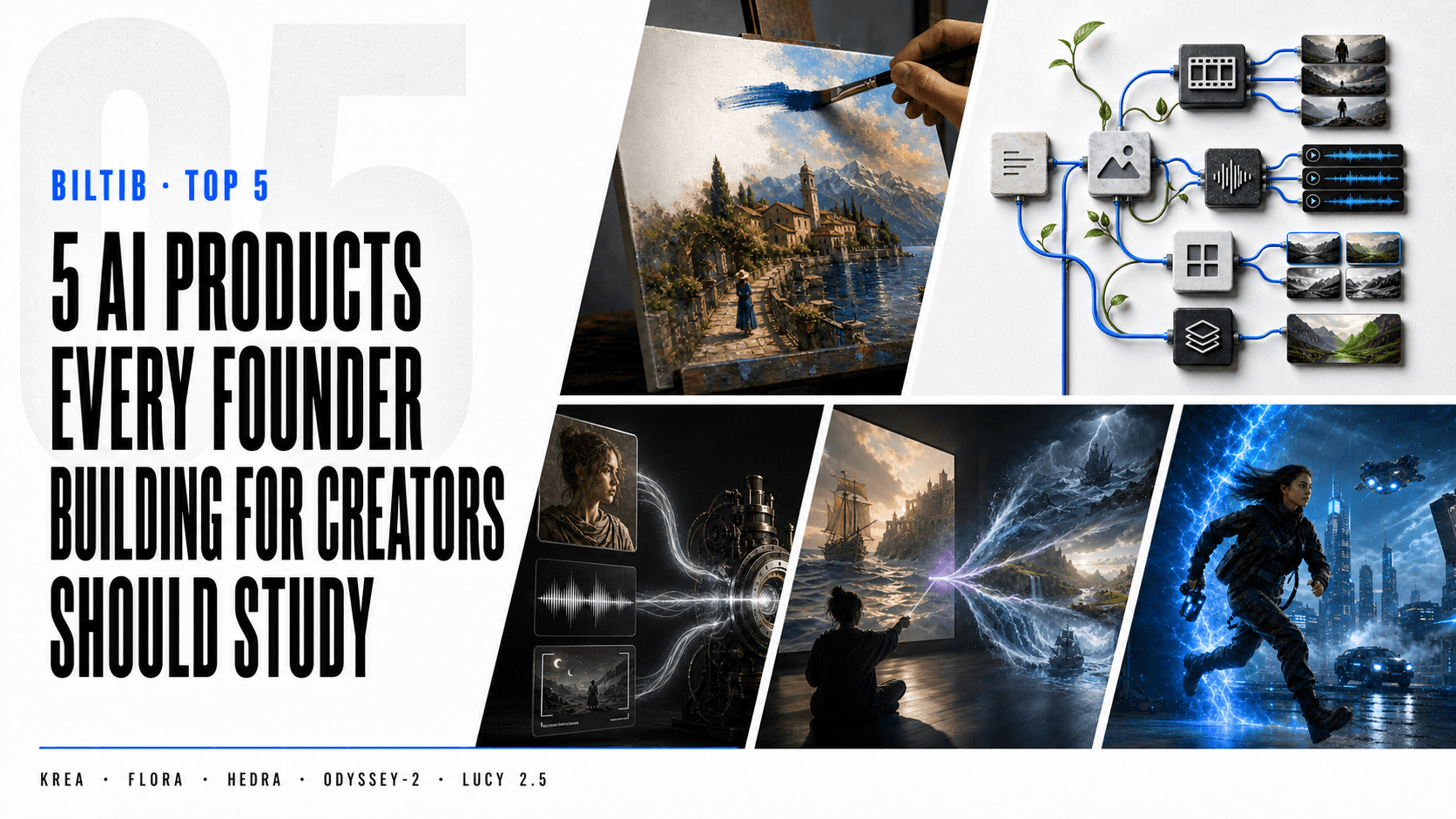 Five AI products for creator-focused founders, featuring Krea, FLORA, Hedra, Odyssey-2, and Lucy 2.5