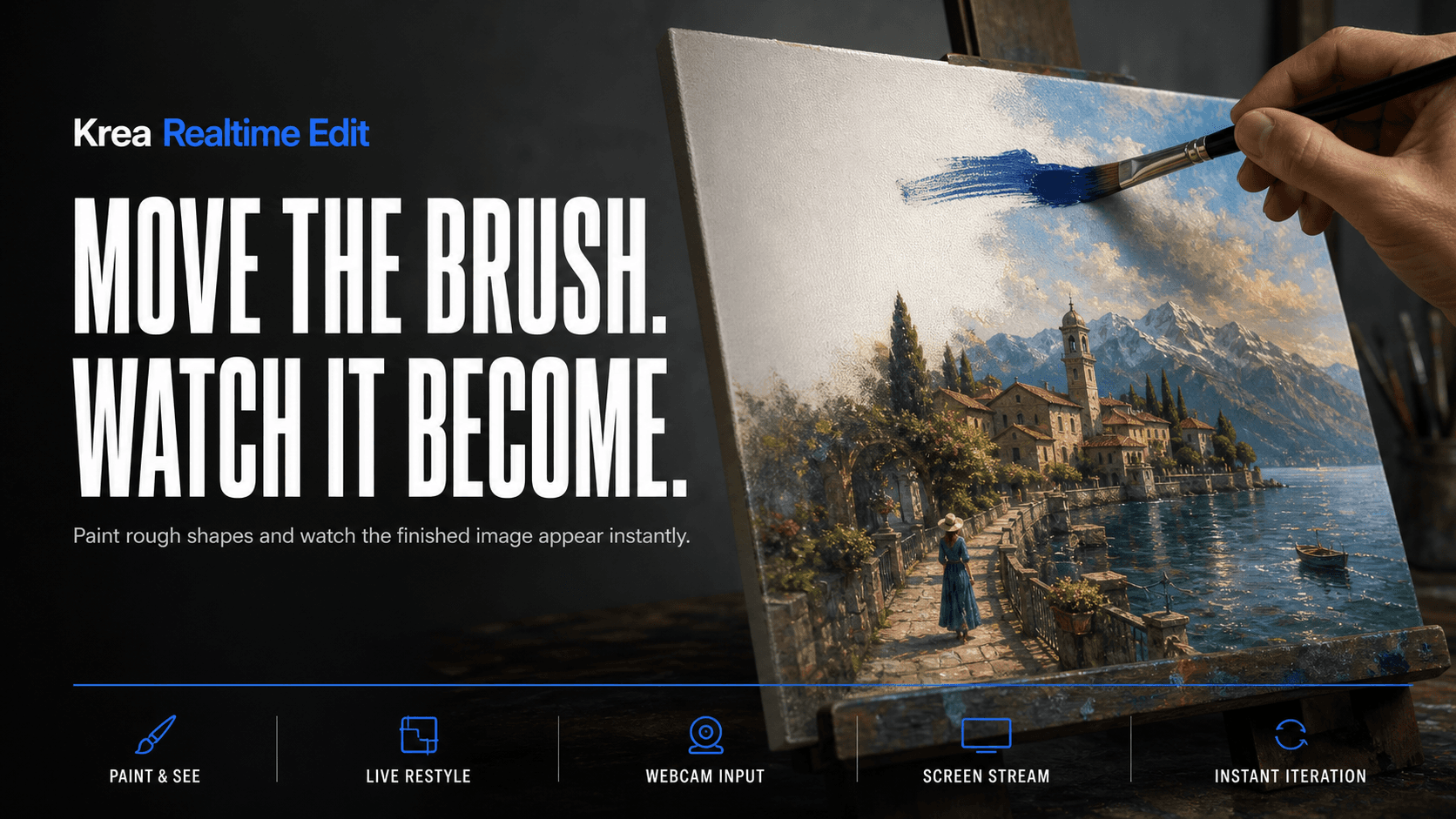 Krea Realtime Edit concept artwork showing a brushstroke becoming a finished scene