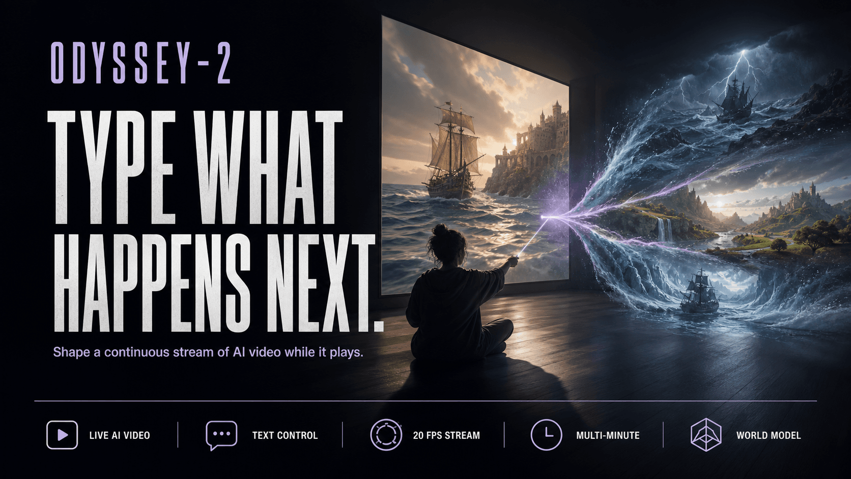 Odyssey-2 concept artwork showing a live video world branching into new futures