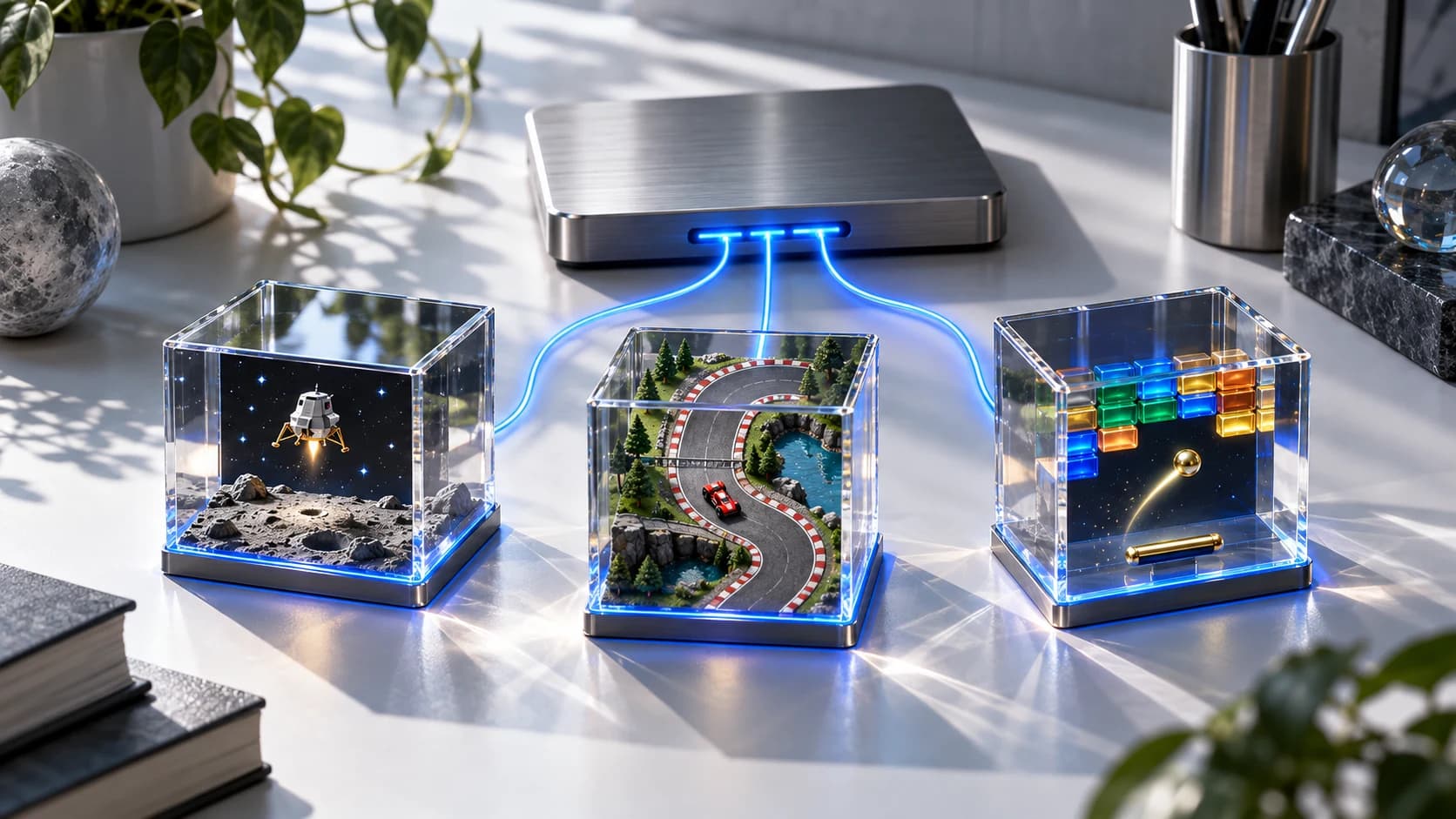 Illustration of three miniature arcade worlds in glass cubes connected to a desktop archive by glowing blue cables.