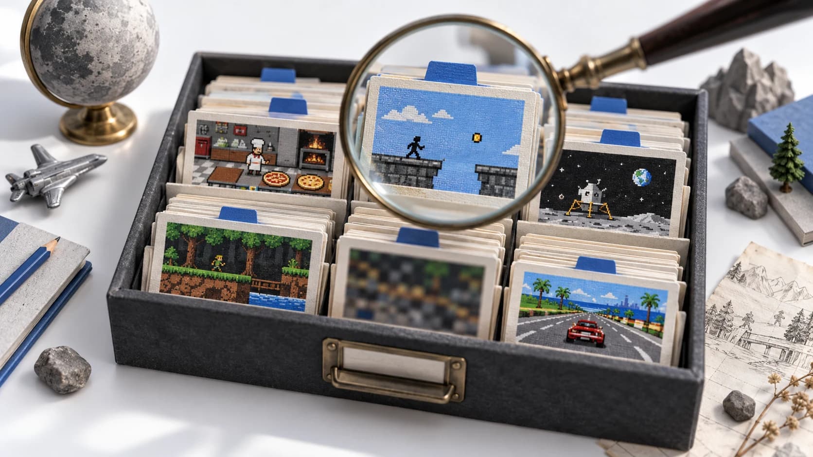Illustration of a magnifying glass picking out a platform game from a drawer of game-memory cards.