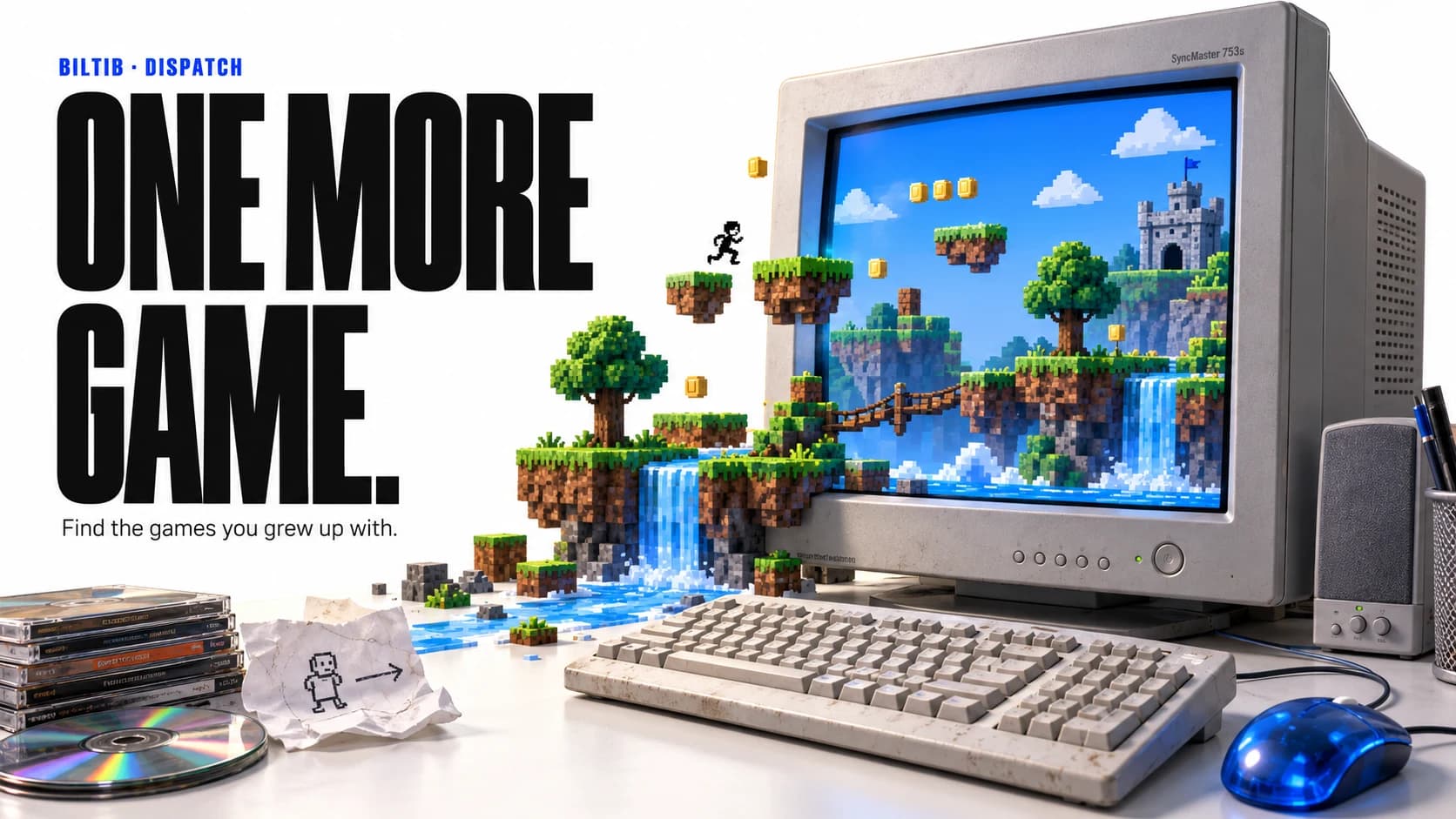 Editorial illustration of a nostalgic desktop computer with an imagined pixel game and the words One More Game.