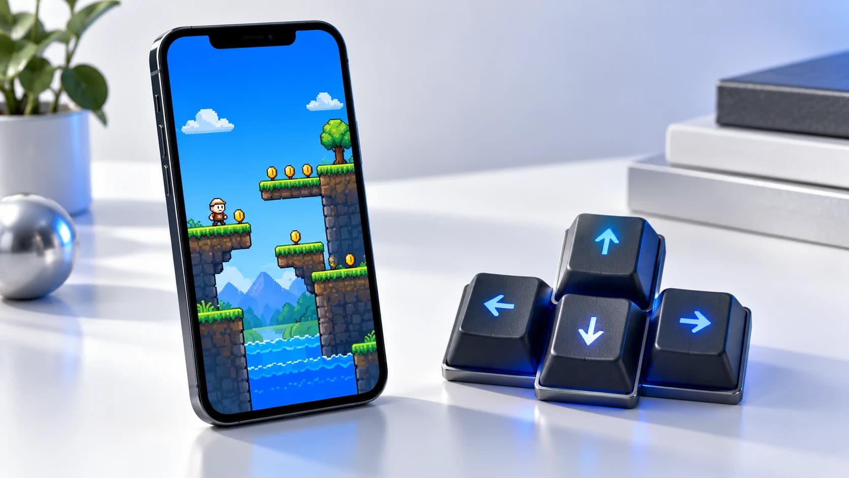 Illustration of an imagined pixel platform game on a phone beside oversized arrow keys.