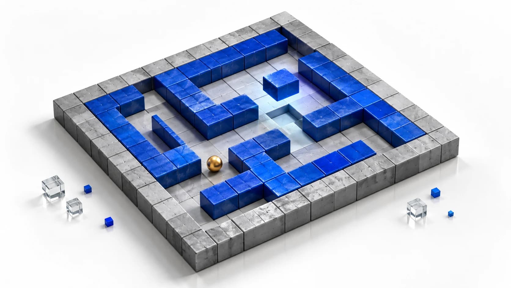 Illustration of a blue and silver maze with one missing tile floating above its gap.