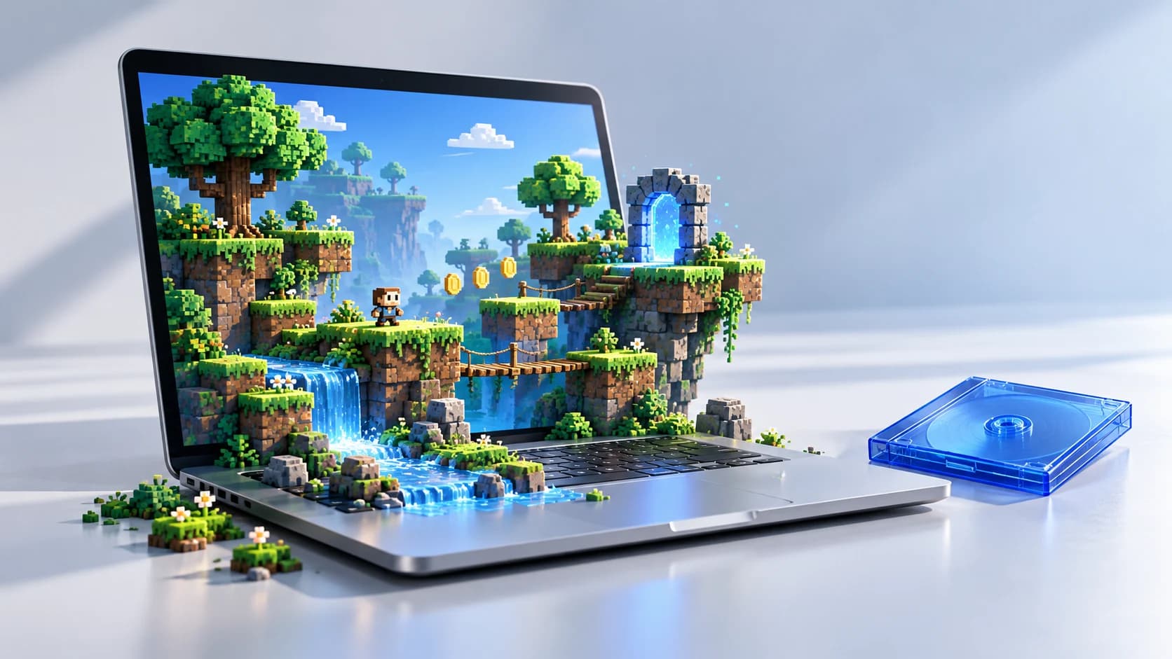 Illustration of an imagined pixel platform world emerging from a modern laptop beside a blue archival disk case.