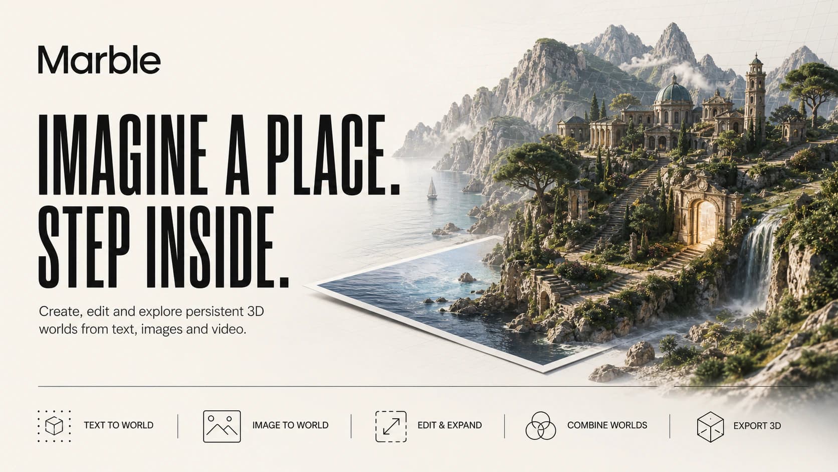 Marble concept artwork showing a flat image extending into an explorable 3D landscape