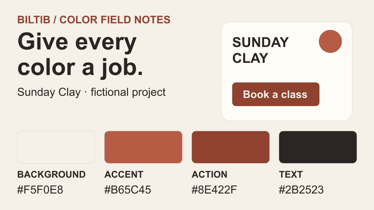 Original Sunday Clay color-role card: chalk background, clay accent, dark clay action, and ink text. Fictional project.