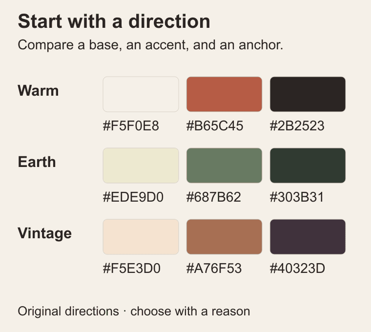 Three original Sunday Clay palette directions labelled Warm, Earth, and Vintage, each with three colors and visible HEX codes.