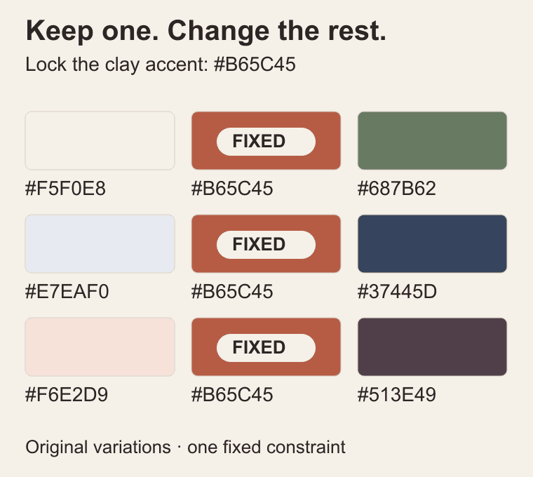 Three palette rows keep clay #B65C45 locked while the background and supporting colors change, with each HEX value labelled.