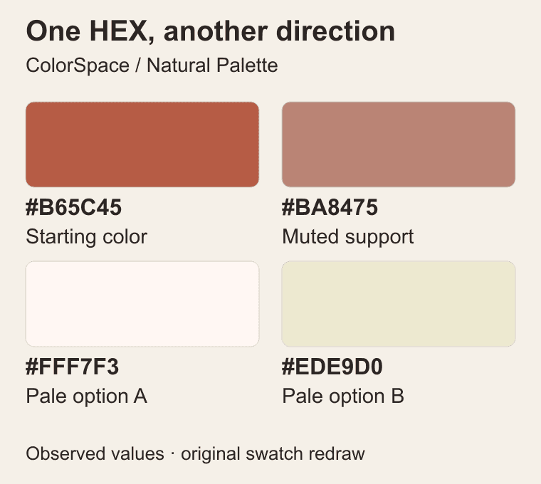 Four labelled swatches from the researched ColorSpace Natural Palette: #B65C45, #BA8475, #FFF7F3, and #EDE9D0.