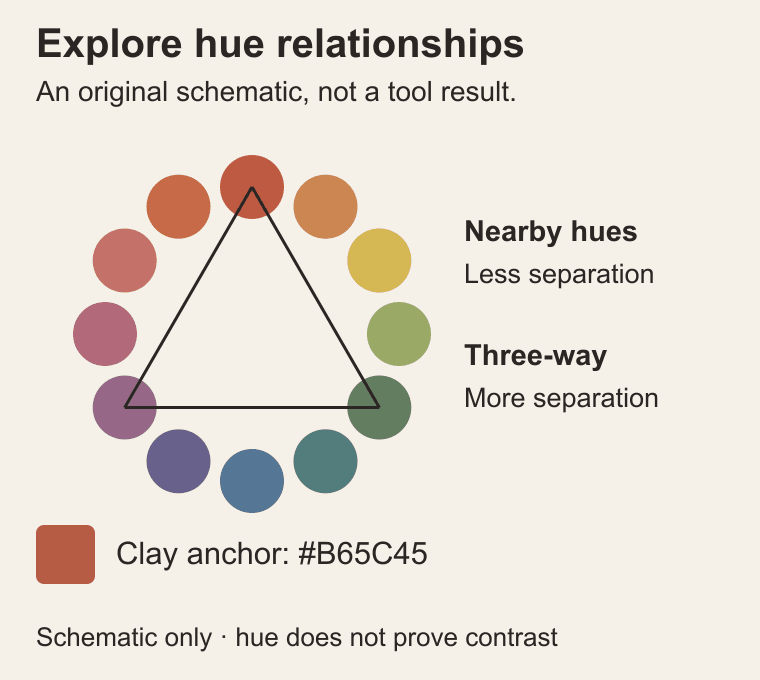 An original schematic color wheel marks neighboring hues and three widely spaced hues, with a separate clay color anchor labelled #B65C45.