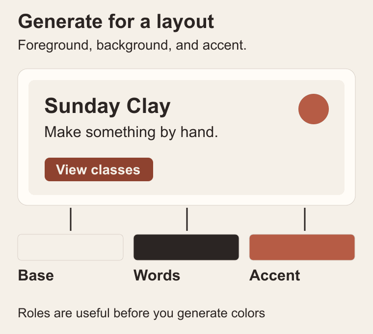 Original Sunday Clay layout connected to three color roles: a chalk base, ink words, and a clay accent.