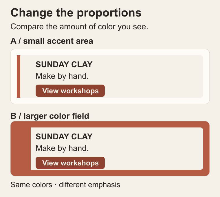 Two original workshop compositions use the same chalk, clay, dark clay, and ink colors with a small accent area versus a large clay field.