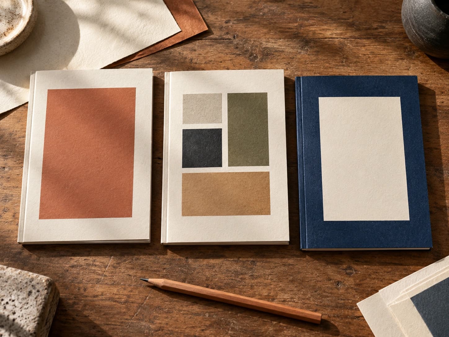 Three paper book-cover studies exploring a central panel, repeated panels and a wide border.