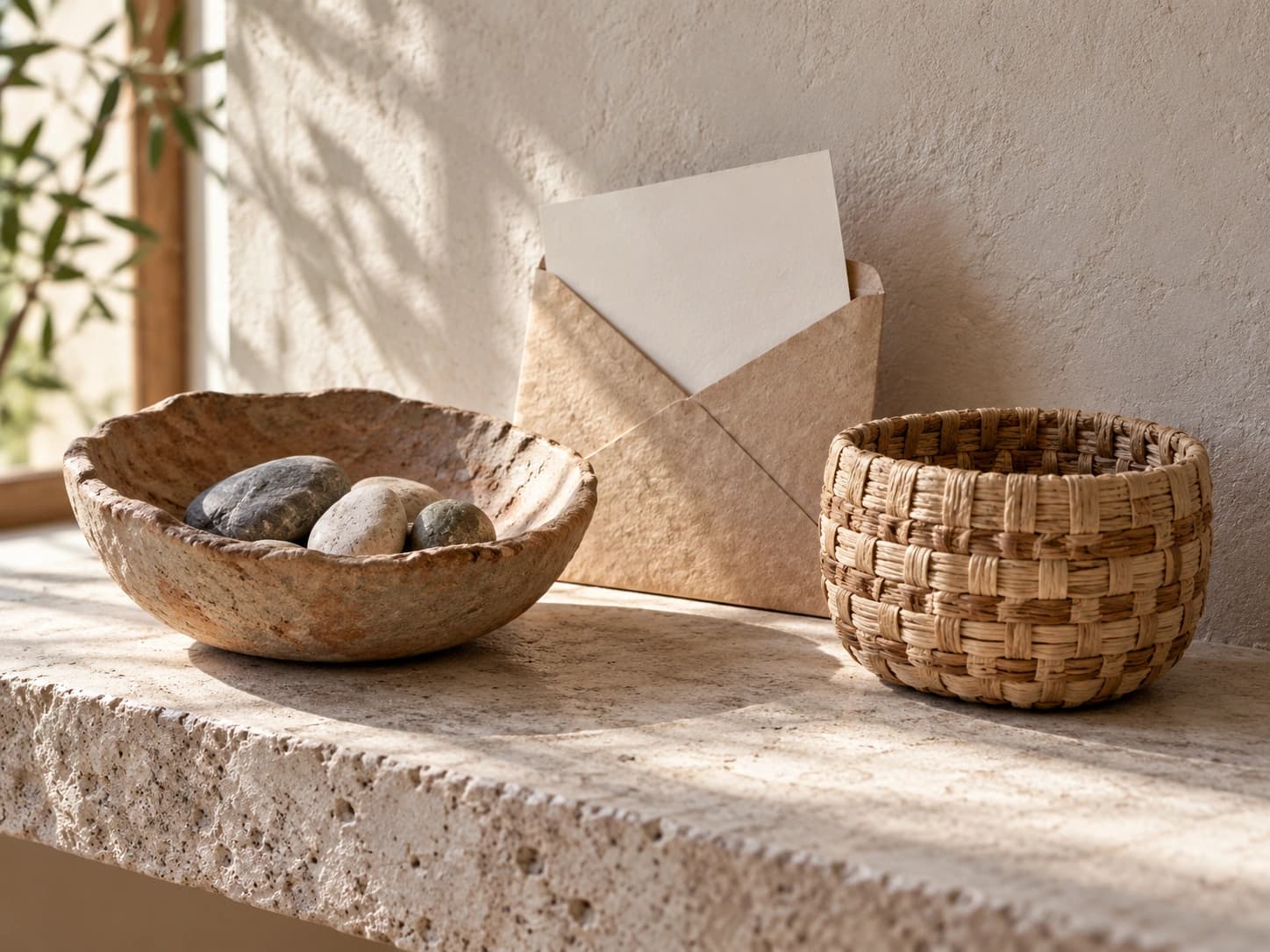 A clay bowl, paper envelope and woven basket showing three ways to contain objects.