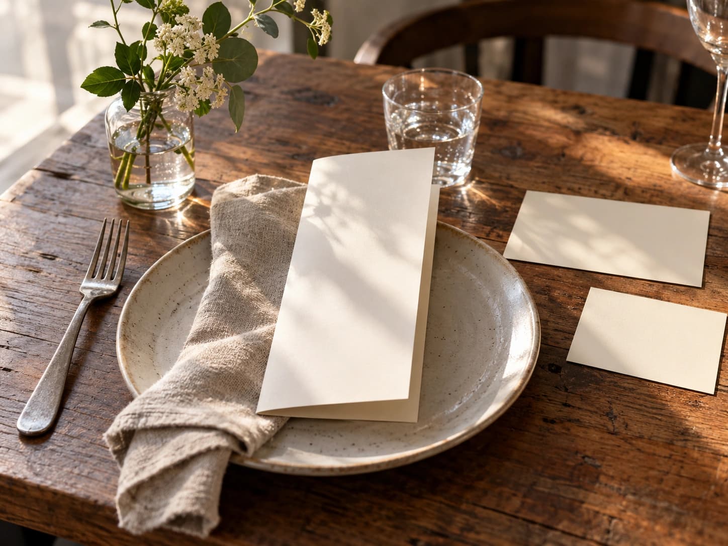 Blank menu cards beside a plate and linen napkin on a softly lit supper table.