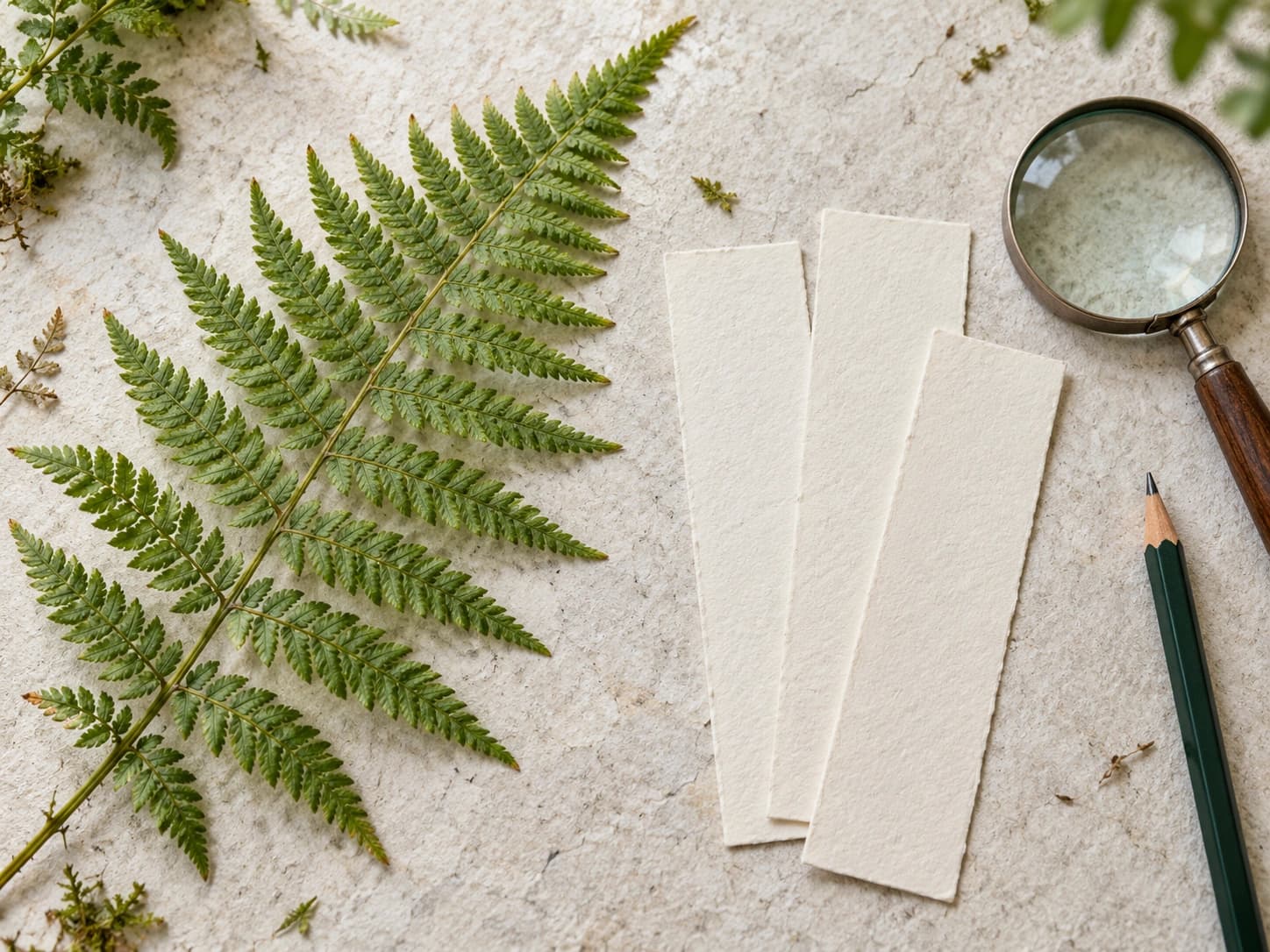 A fern frond, pencil and blank bookmarks ready for a close-observation drawing exercise.