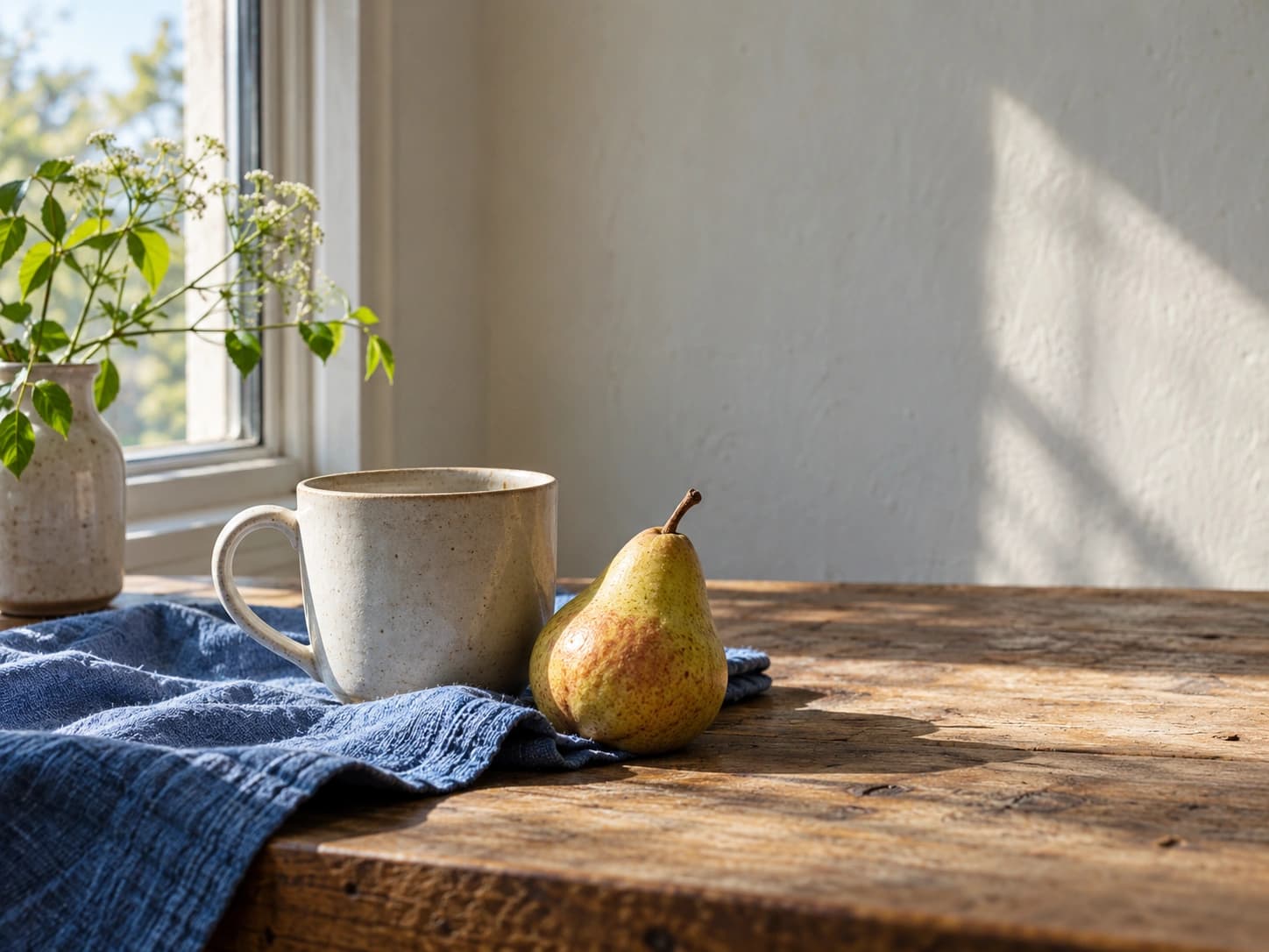 A cup, blue cloth and pear beside a window, with open tabletop surrounding them.