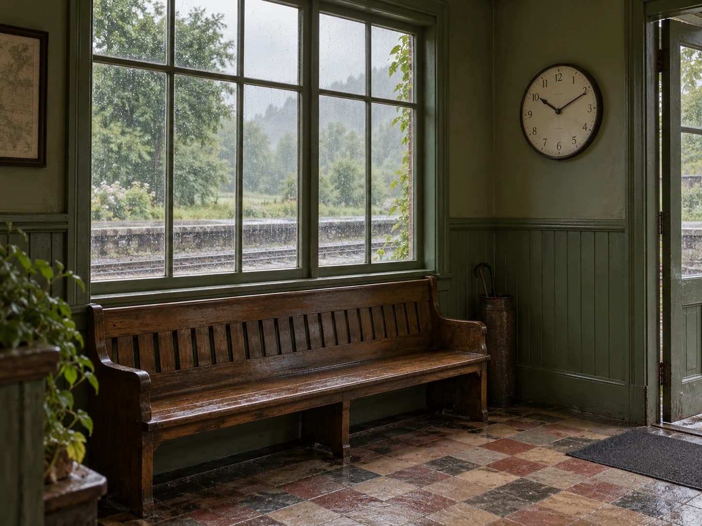 An imagined empty railway waiting room with a wooden bench and rain-lit window.