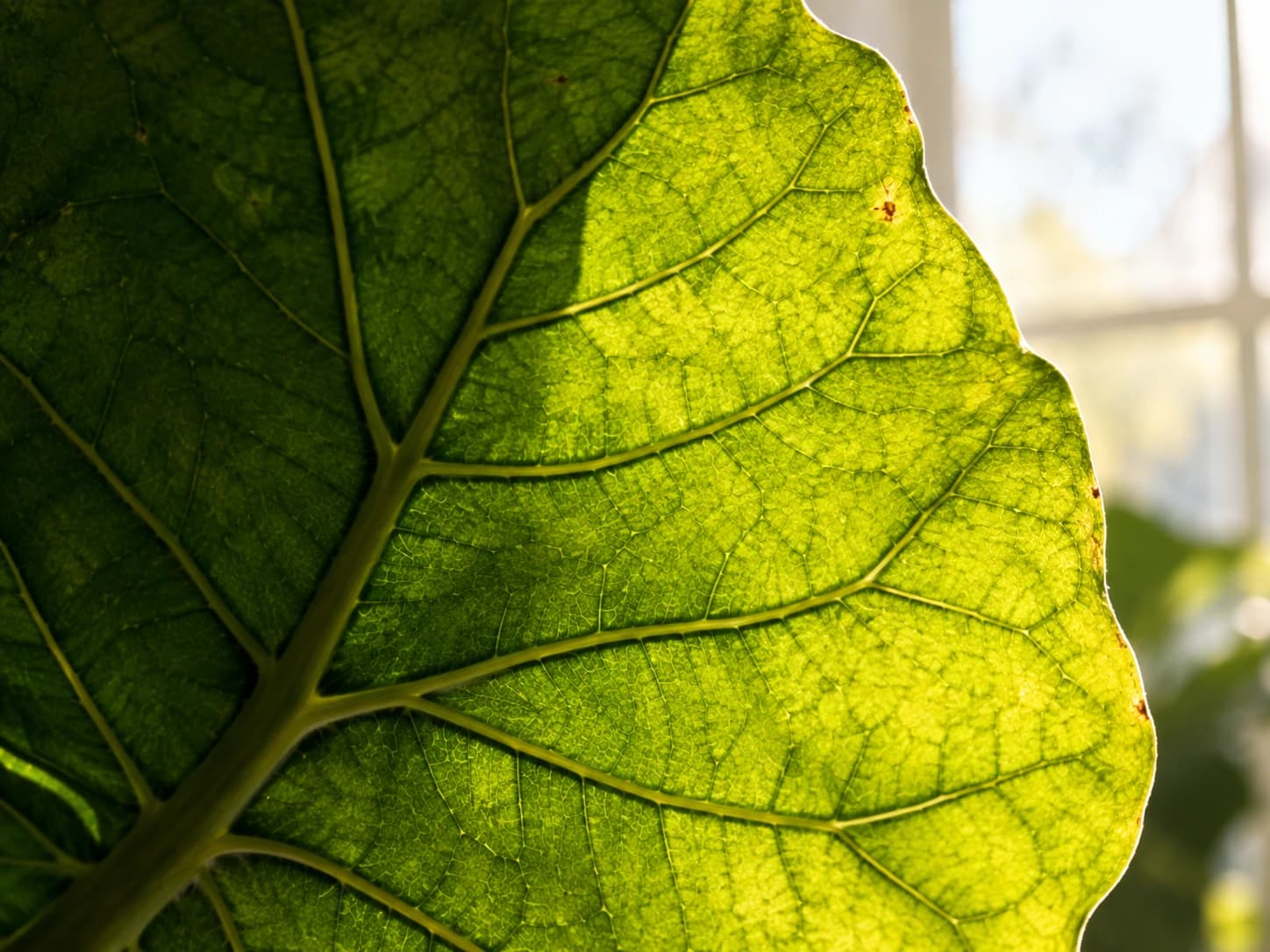 A backlit leaf showing its curved edge and branching veins in close detail.