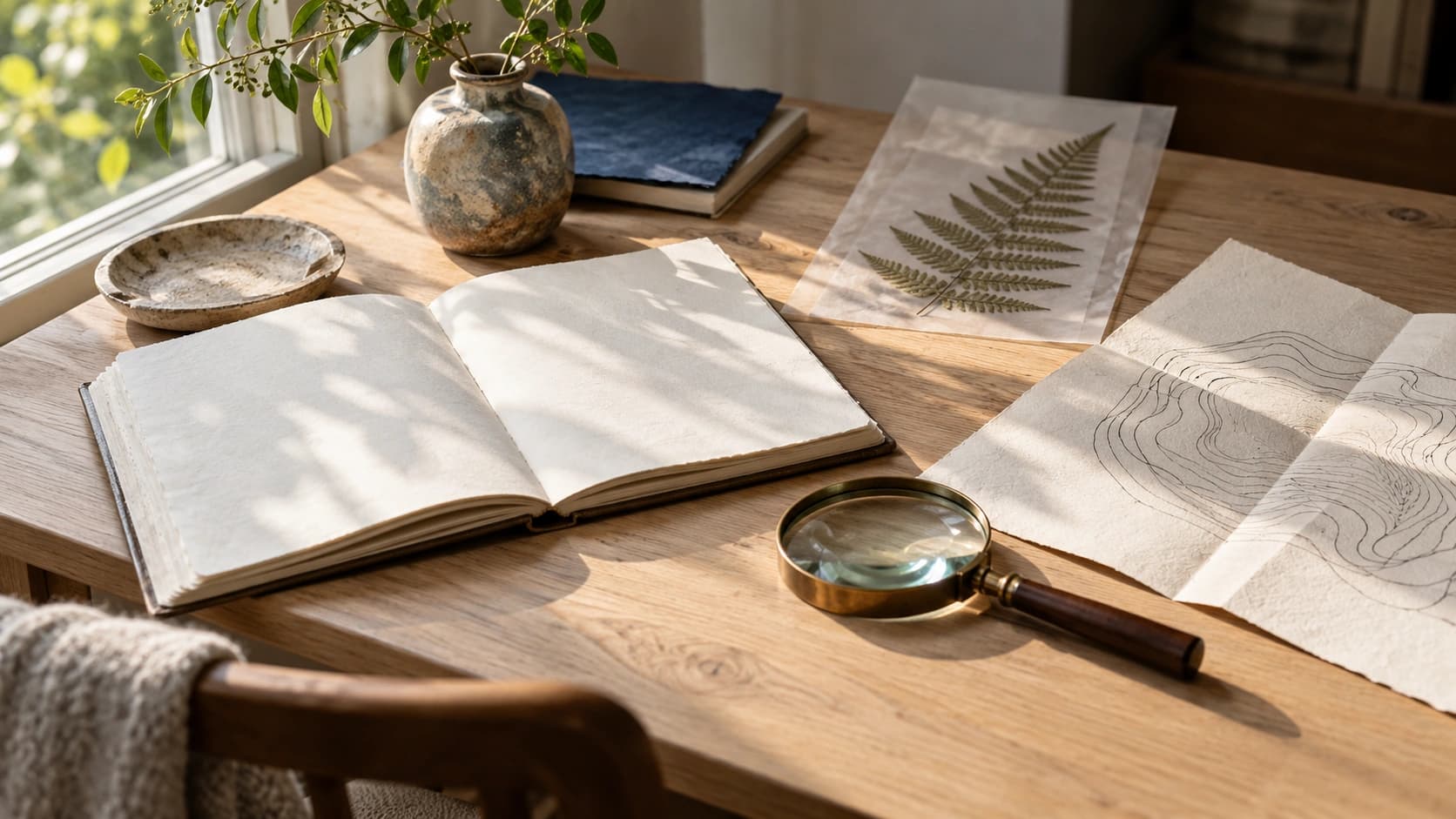 A vessel, pressed fern, notebook and magnifying glass arranged on a sunlit research desk.