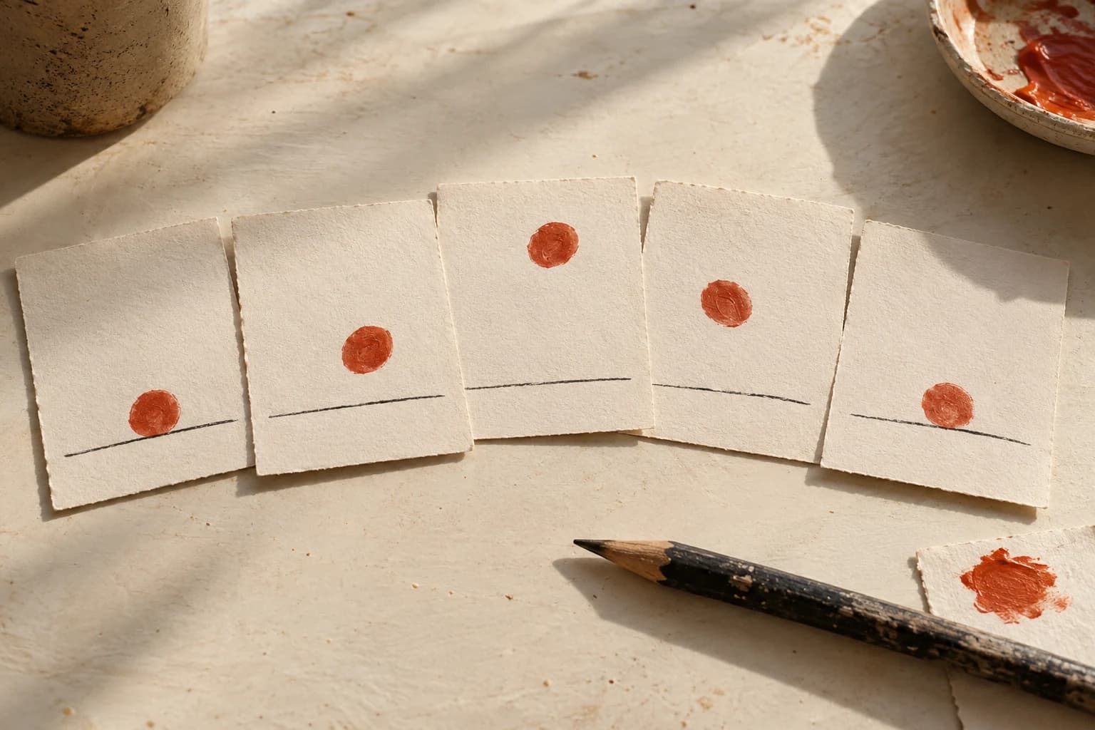 Five cream-paper cards show an orange-red dot rising and falling above a black line, beside a charcoal pencil.