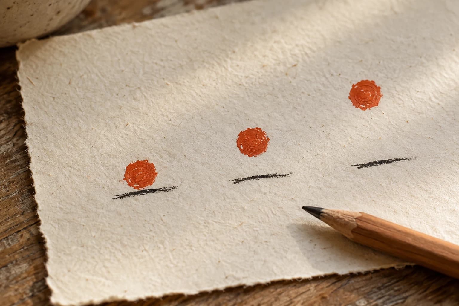 Three orange-red dot studies sit at different heights above short black baselines on textured cream paper.