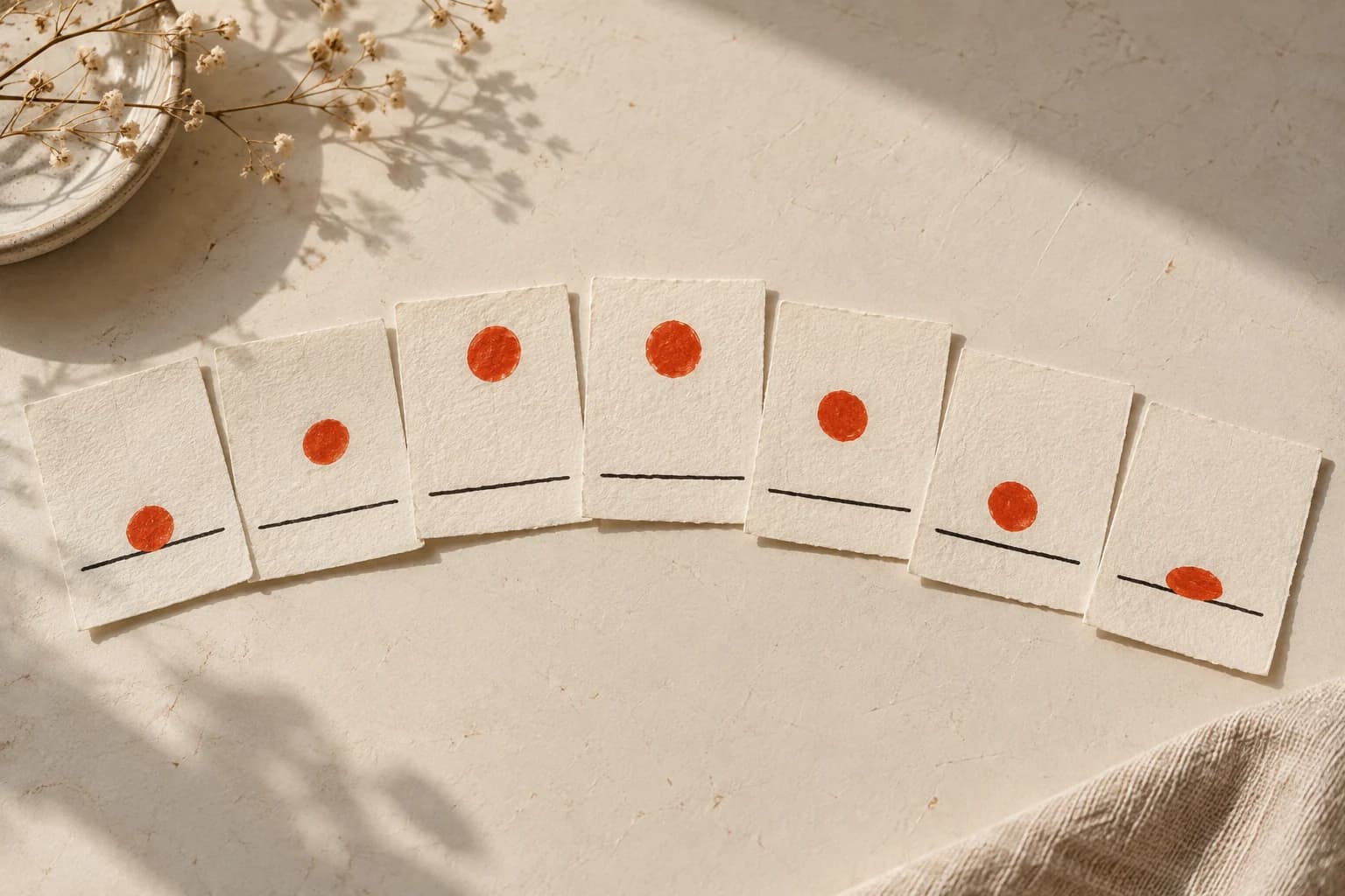Seven handmade cards trace an orange-red dot rising, pausing near the top, and flattening as it lands.