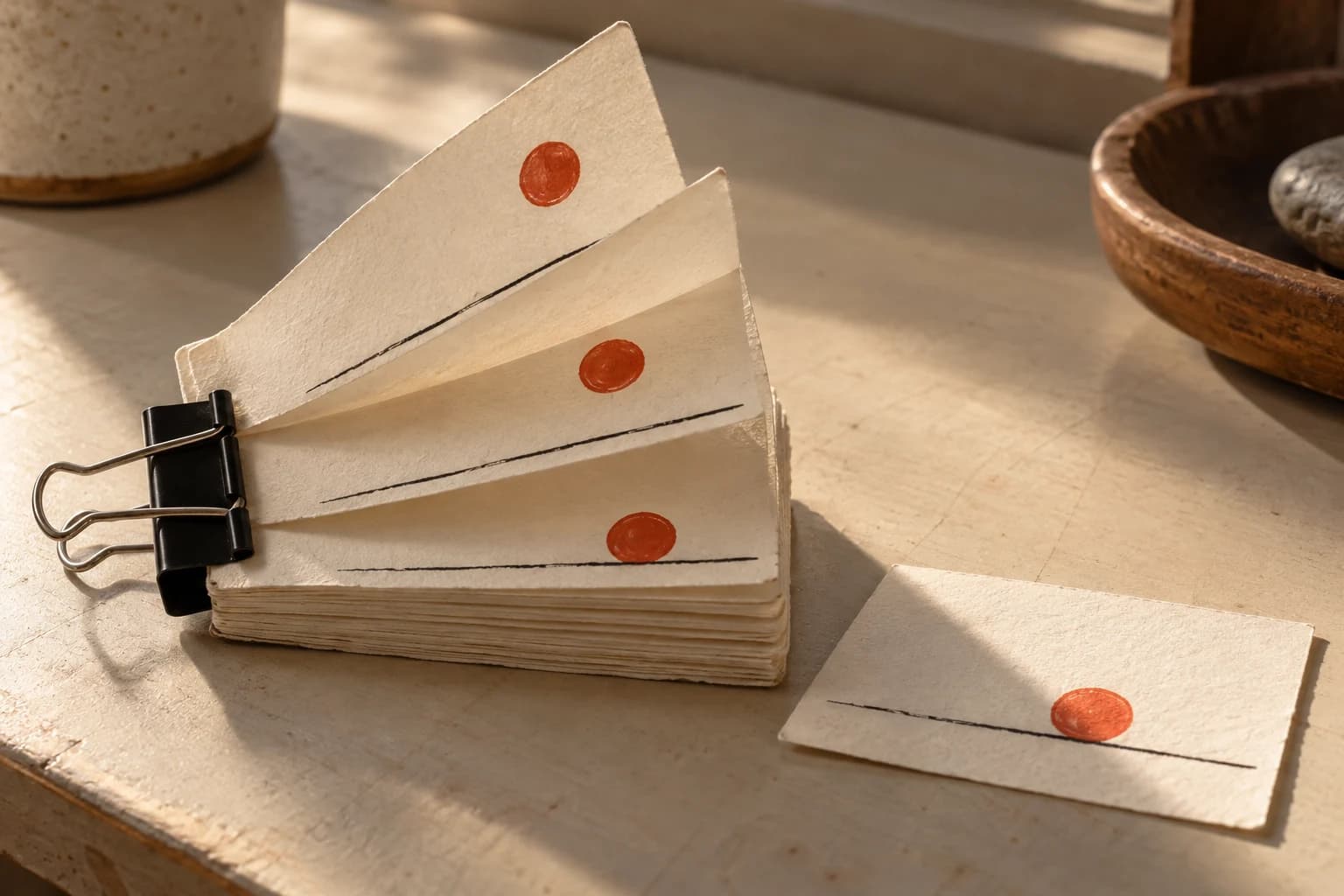 A small binder-clipped flipbook fans open to show an orange-red bouncing dot, beside a matching loose frame.