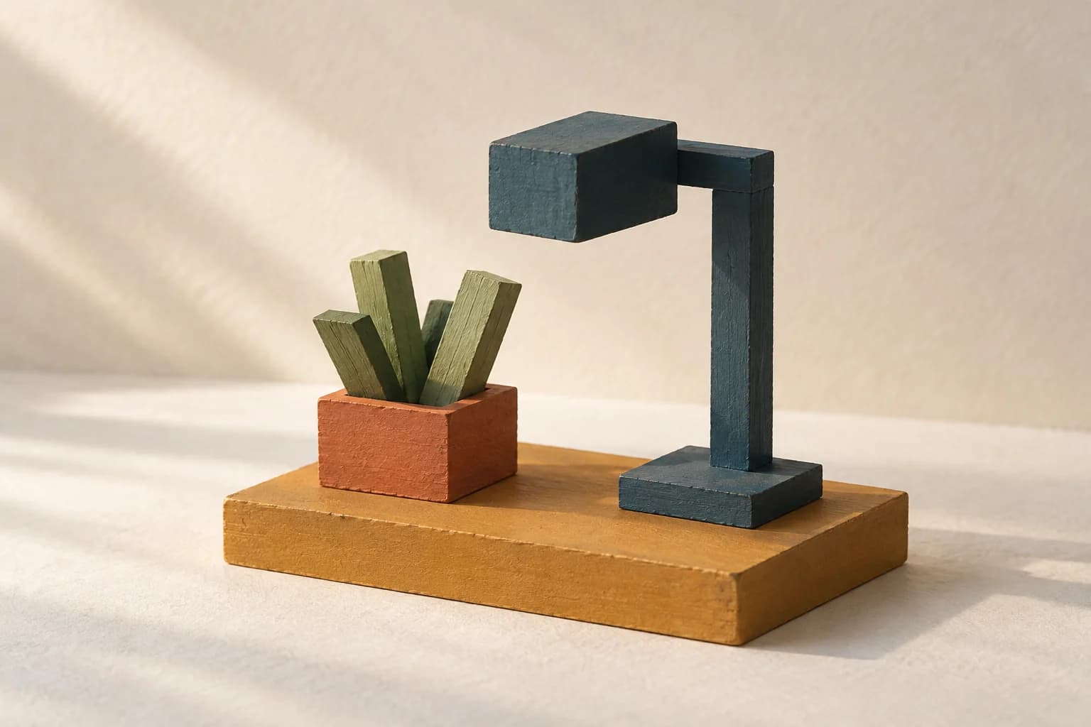 A handmade-looking miniature pairs an angular green plant in a terracotta pot with a dark teal lamp on an ochre base.