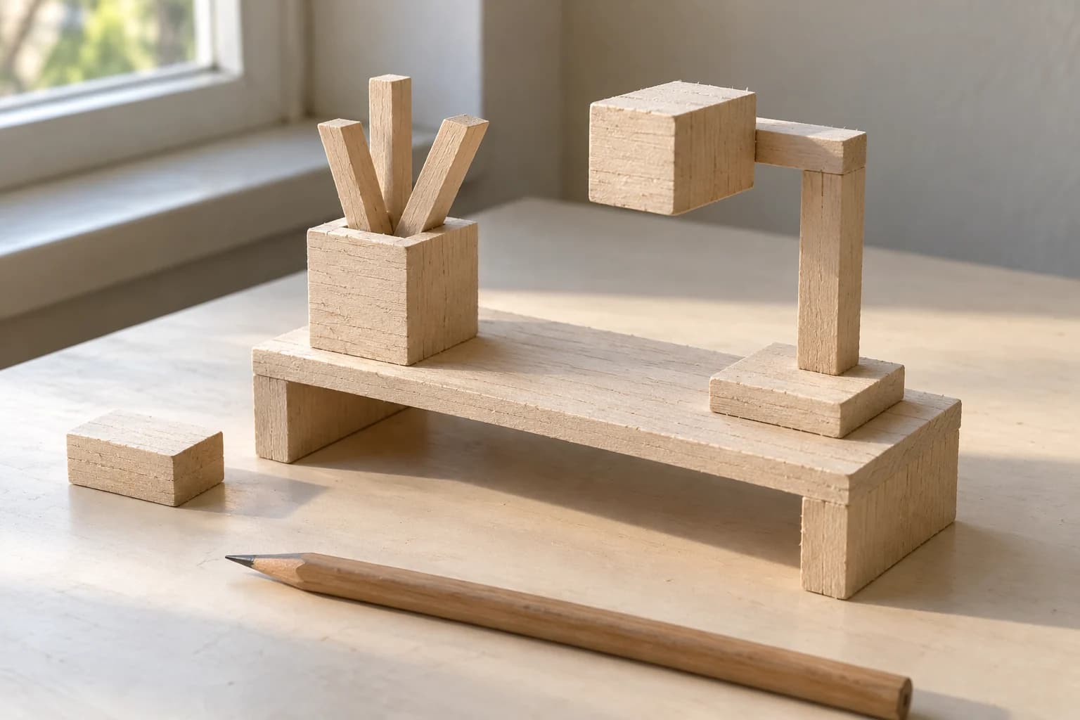 Pale wooden blocks form a tiny shelf, angular plant and desk lamp beside a pencil and a spare block.