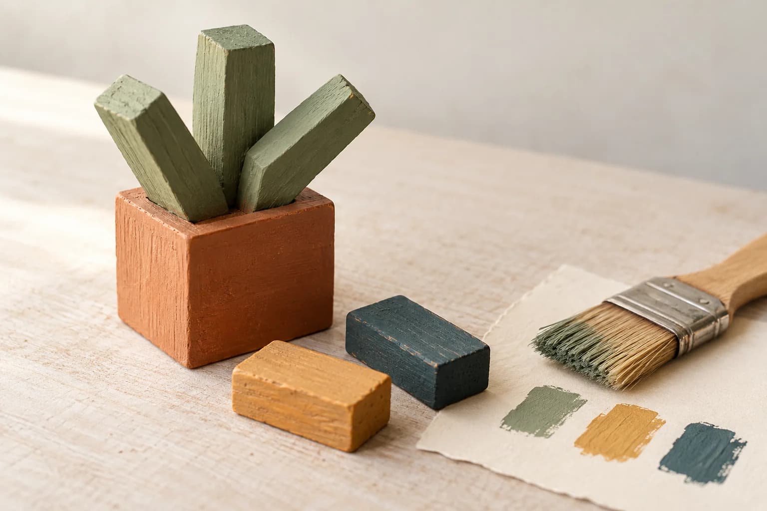 A terracotta block planter with sage leaves sits beside ochre and teal wood pieces, a paintbrush and matte paint swatches.