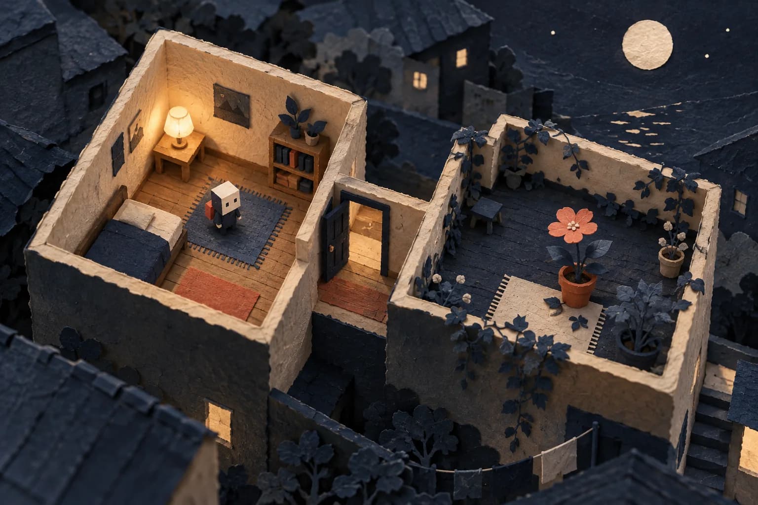 A handmade paper world with a lamplit room, a tiny traveler and a doorway leading to a rooftop flower