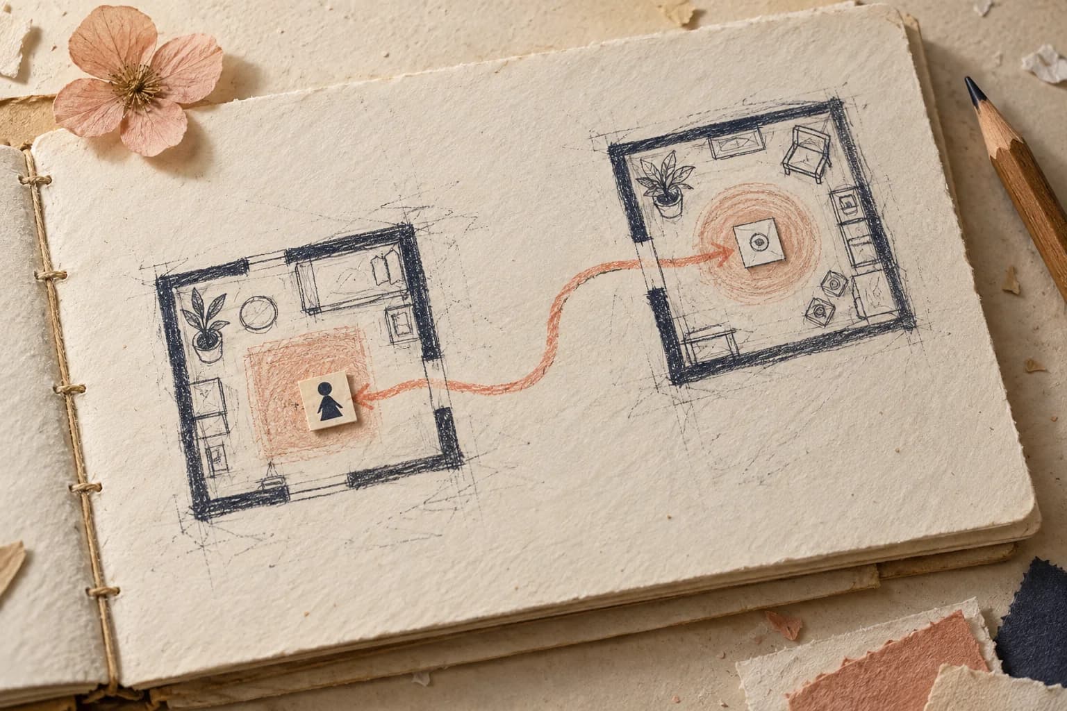Two room sketches in a textured notebook connected by a single coral path