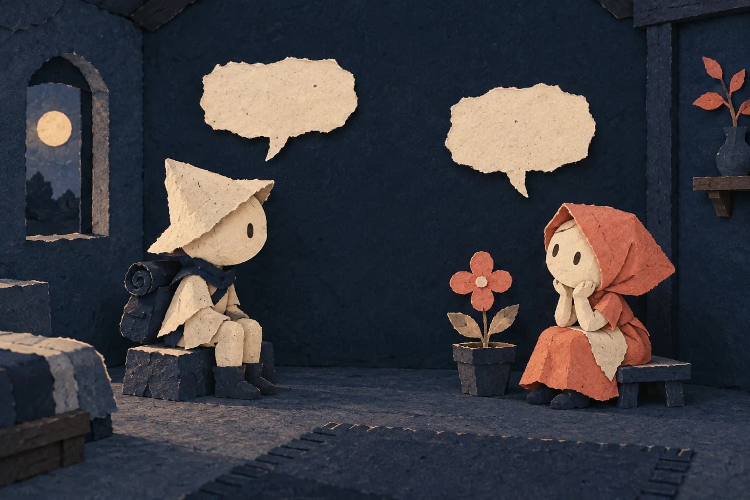Two paper characters facing one another beside a flower, with blank paper speech bubbles above them