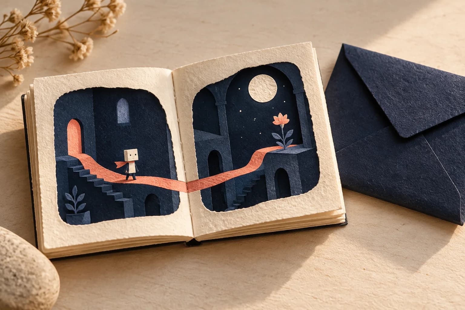 An open handmade booklet containing a tiny two-room paper world and a coral path, beside a navy envelope