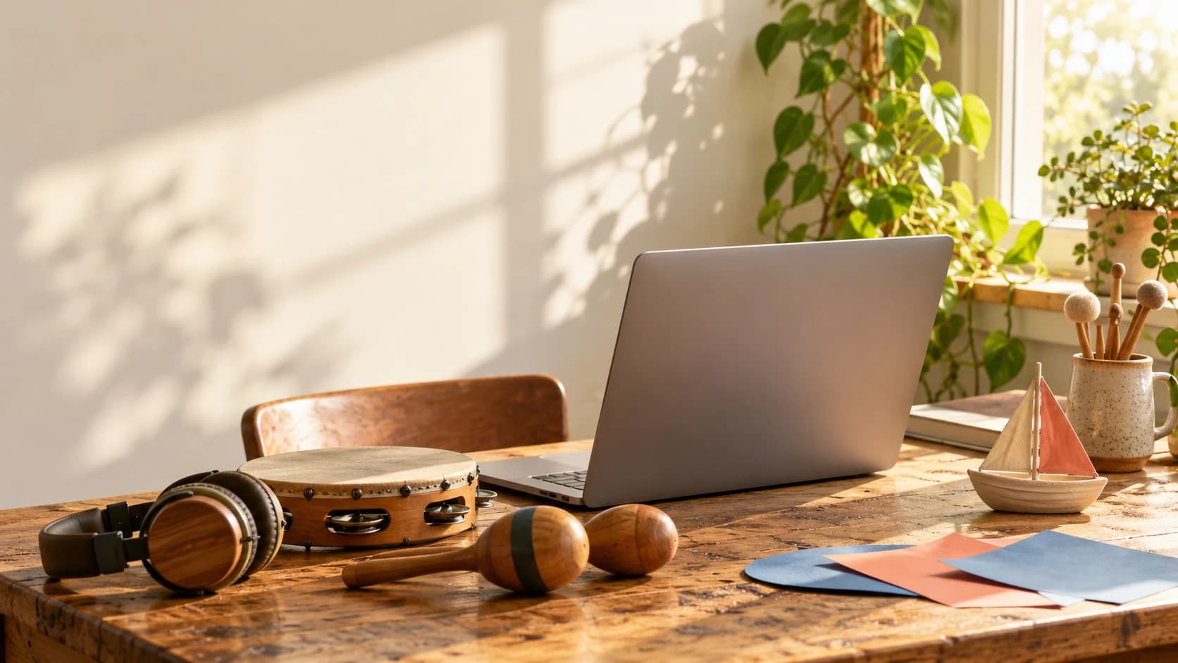 A sunlit desk with a laptop, headphones, wooden percussion instruments, and a small sailboat.