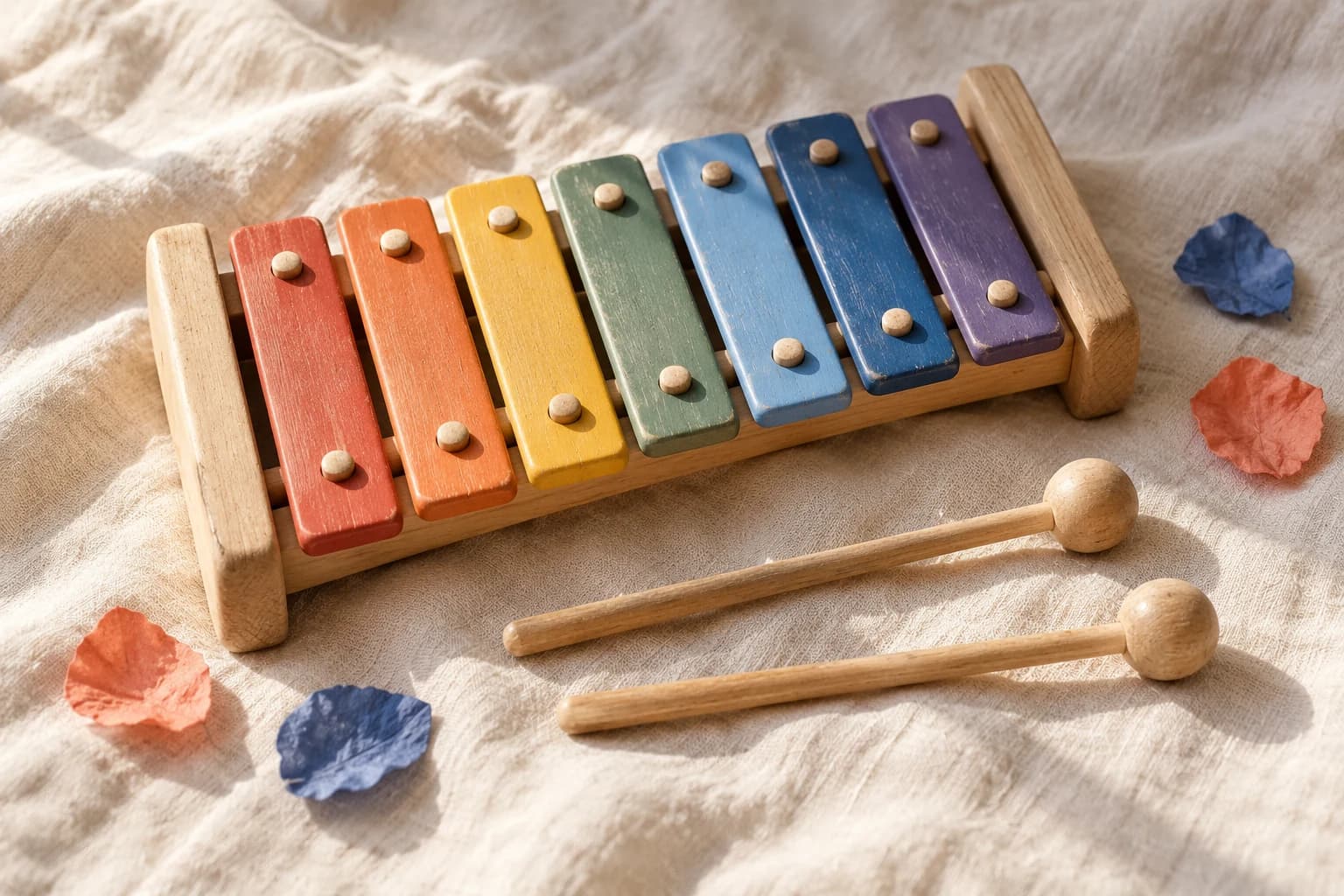 A colourful wooden toy xylophone and two mallets on cream linen.