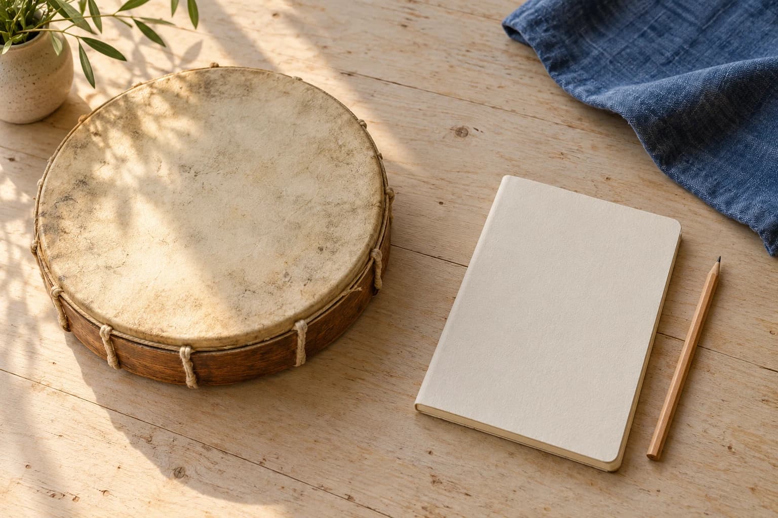 A small hand drum beside a closed blank notebook, pencil, and blue linen.