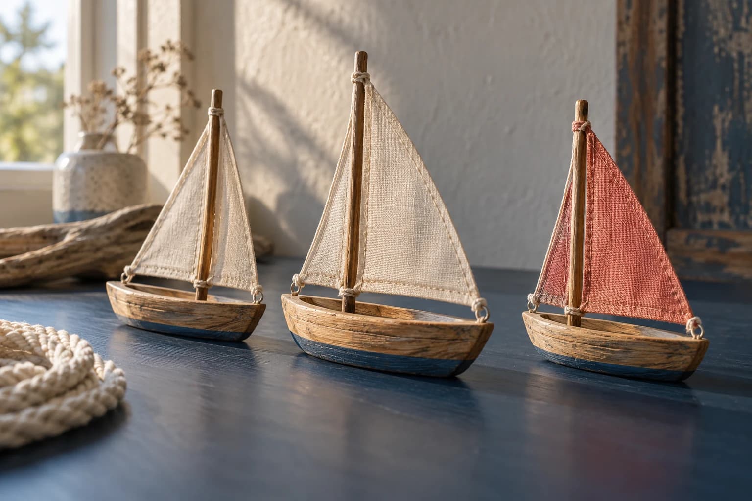 Three handmade wooden sailboats, one with a coral sail, on a dark-blue tabletop.