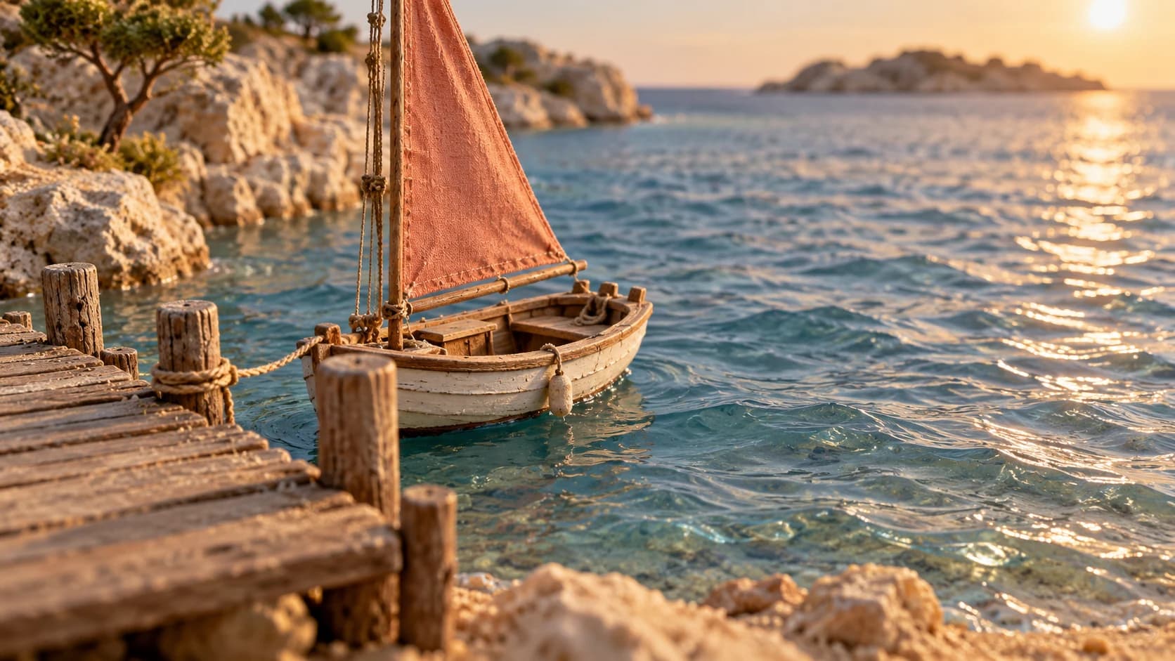 A miniature wooden sailboat with a coral sail tied beside a dock in a coastal scene.