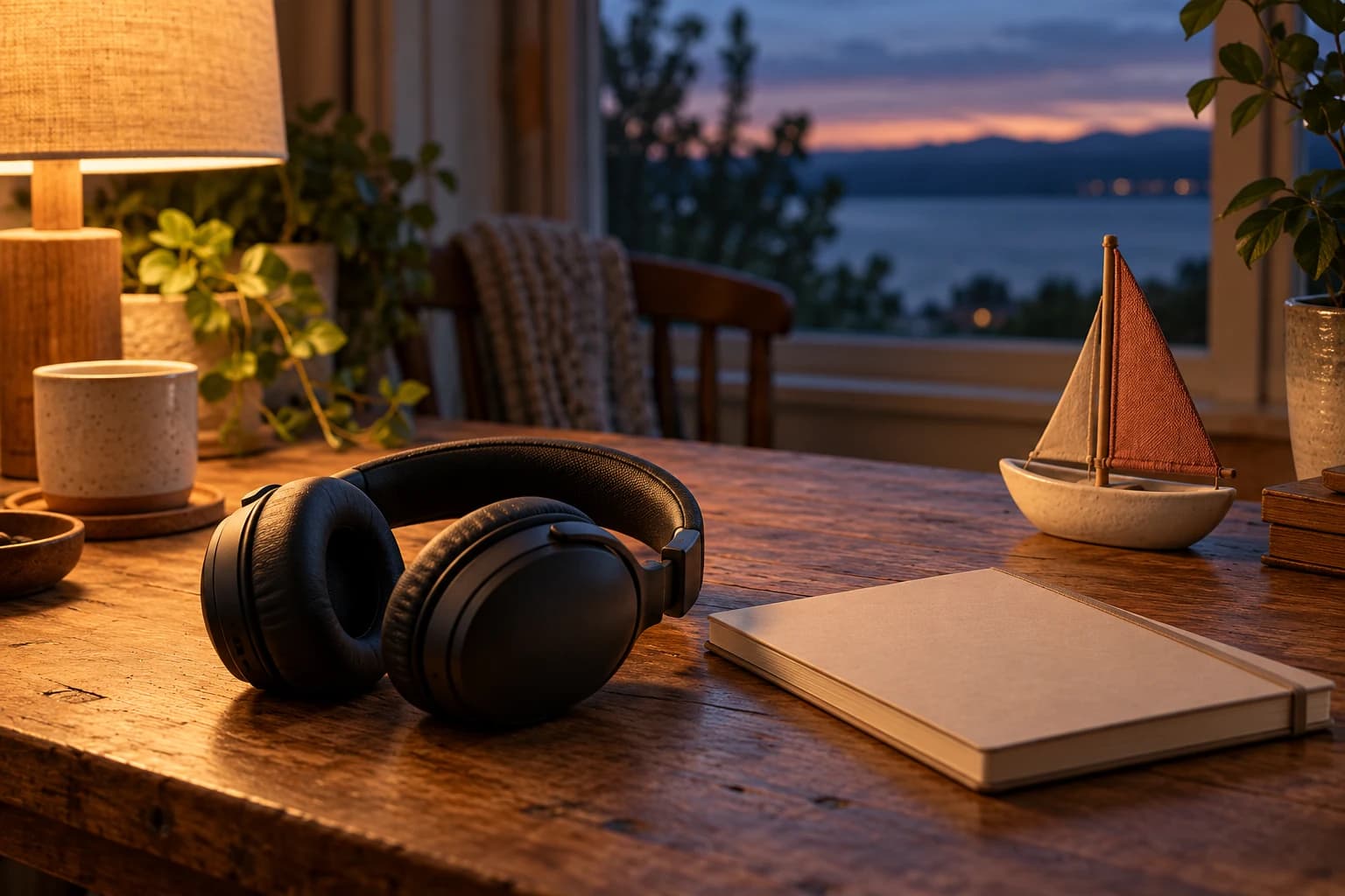 Headphones, a closed notebook, and a small ceramic sailboat on a lamplit evening desk.