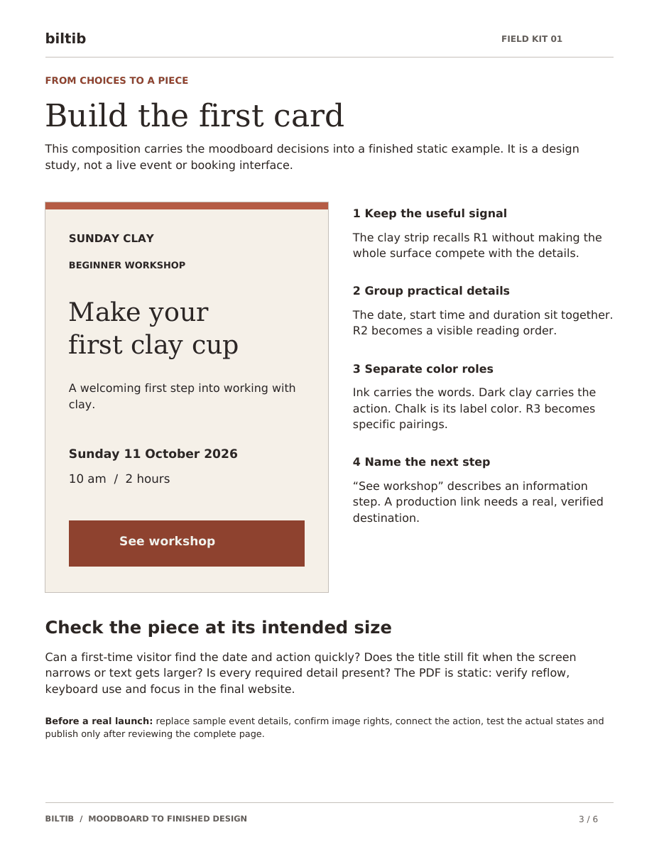 Printable Sunday Clay workshop card: ink text on chalk, a thin clay accent, and a dark-clay action labeled See workshop. The details are fictional.