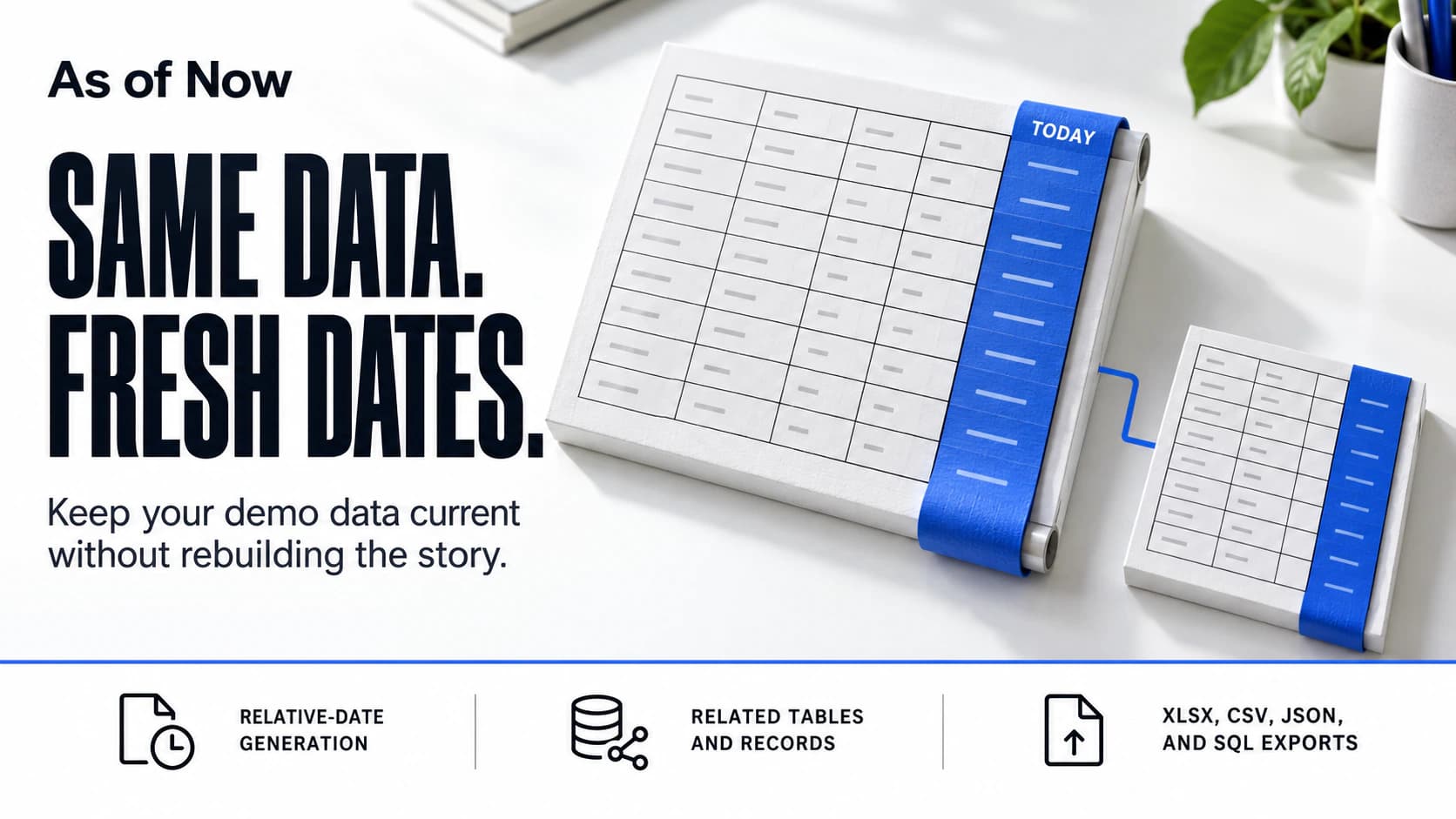 As of Now editorial artwork showing linked data tables with blue date columns labeled Today