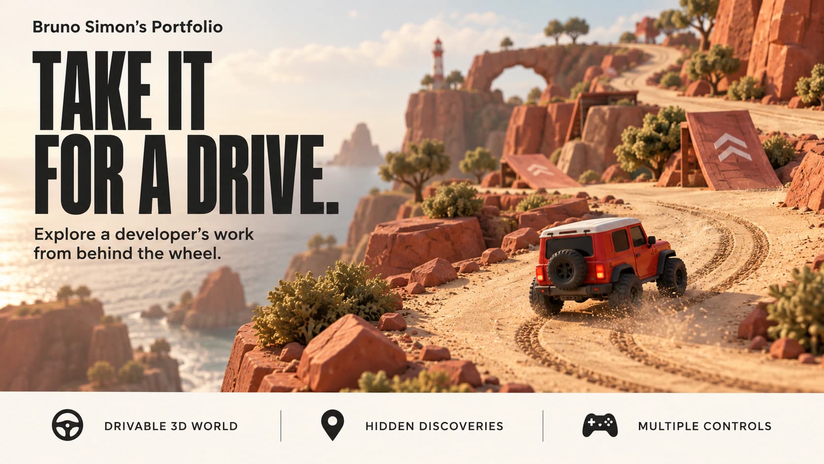 Bruno Simon's Portfolio editorial illustration of a car exploring an interactive 3D world