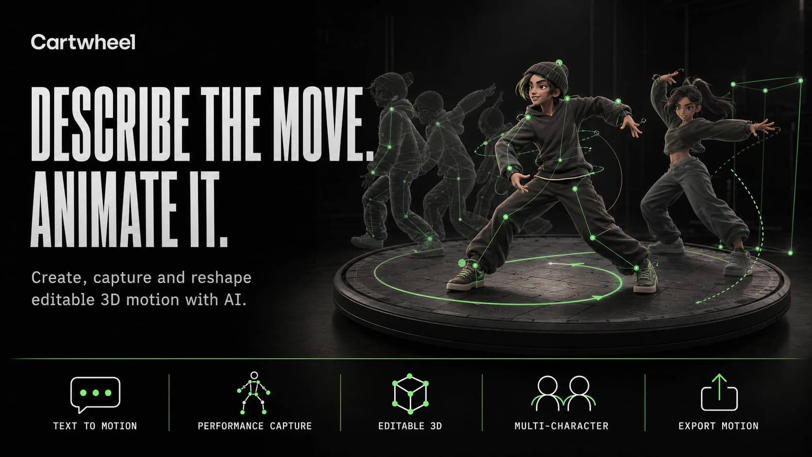 Cartwheel concept artwork showing a written movement transformed into an articulated 3D character animation