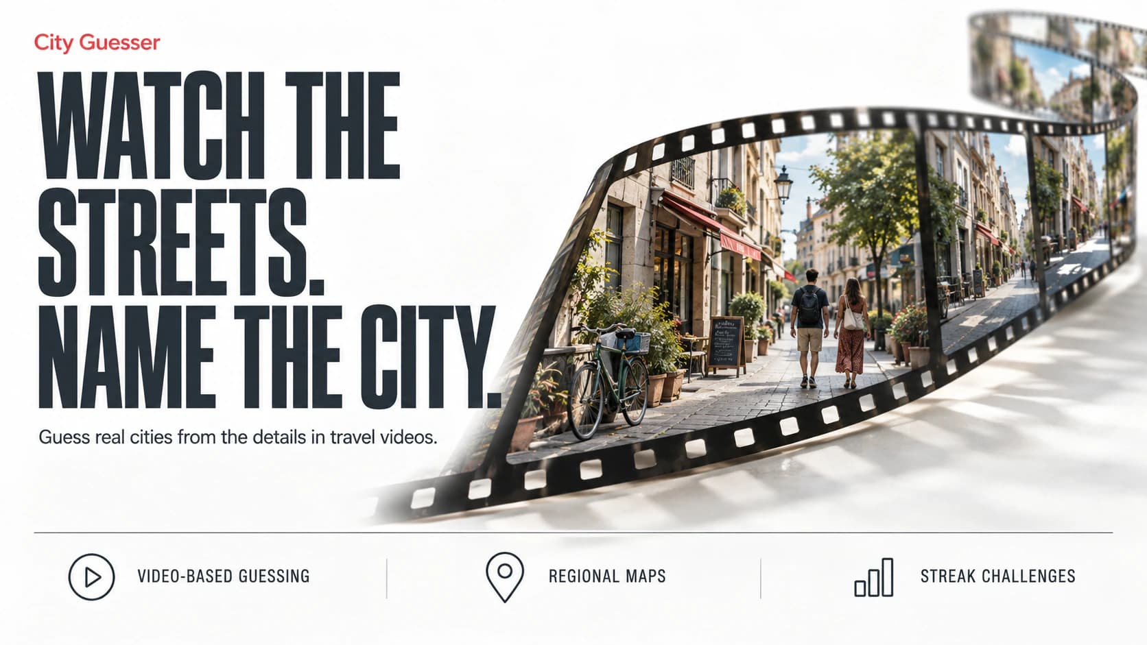 City Guesser editorial artwork showing a curving filmstrip of a walk through city streets