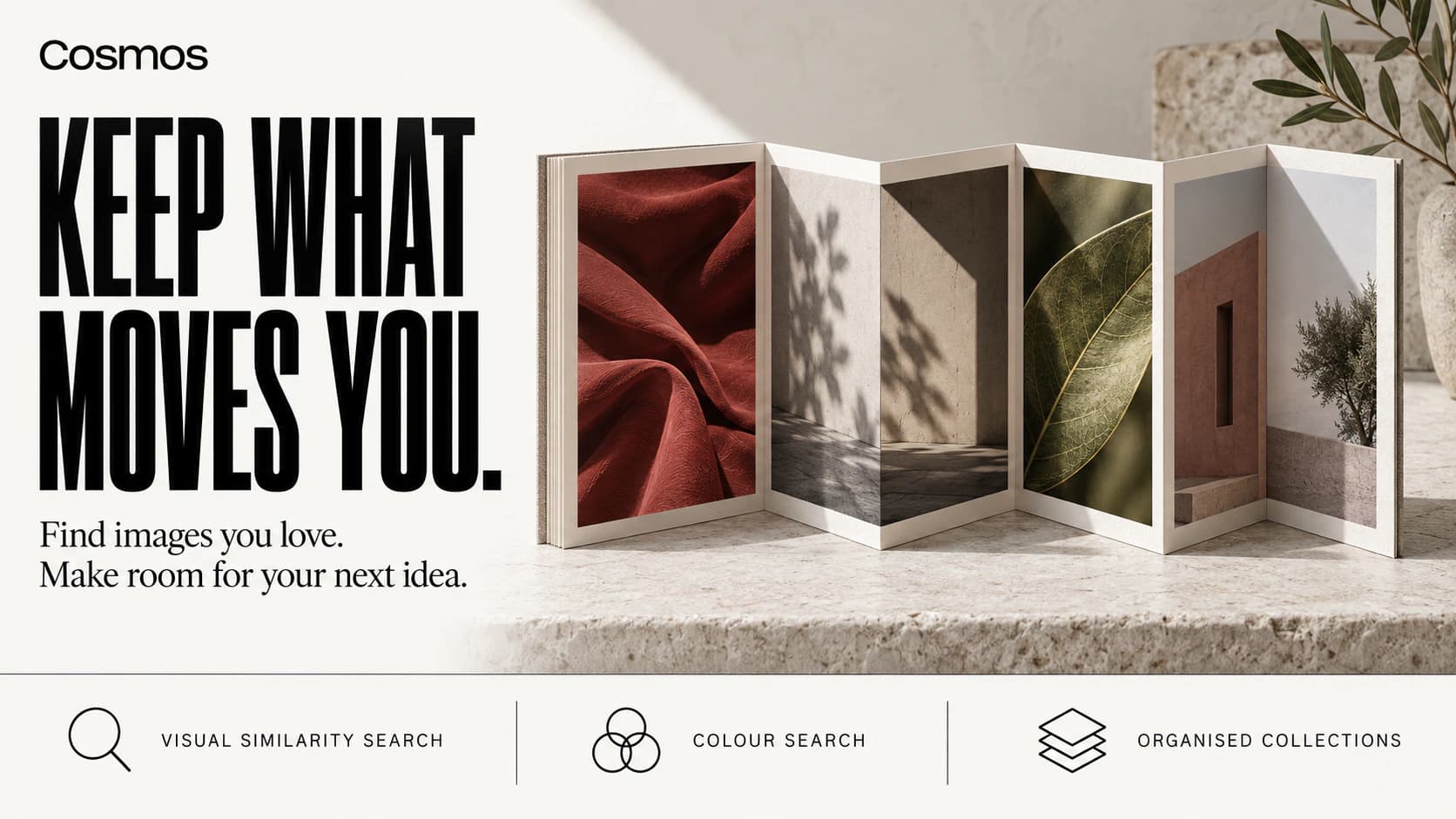Cosmos editorial artwork showing an accordion book of fabric, architecture, and botanical photographs