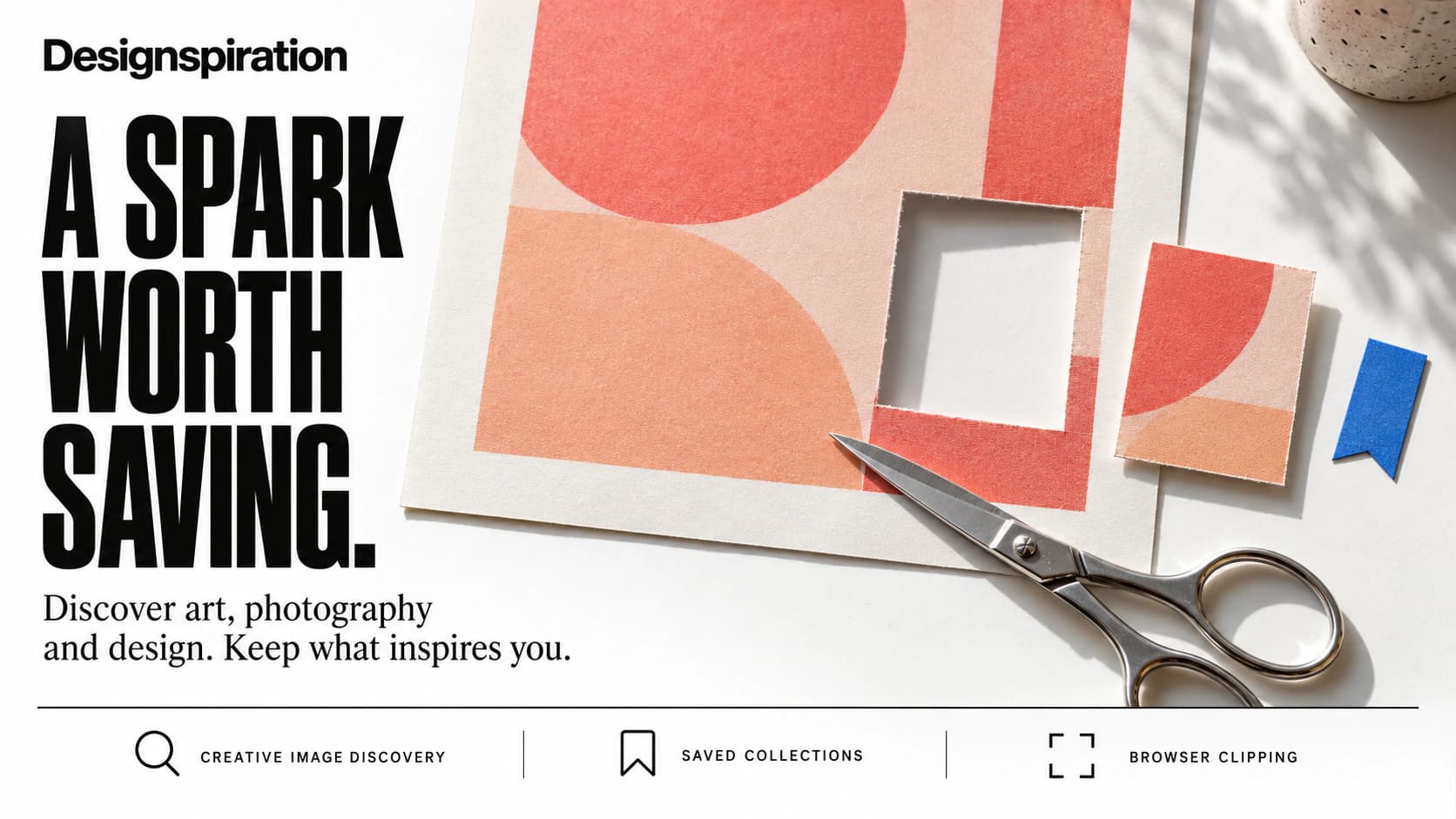 Designspiration editorial artwork showing scissors, a coral geometric print, a clipped reference, and a blue bookmark