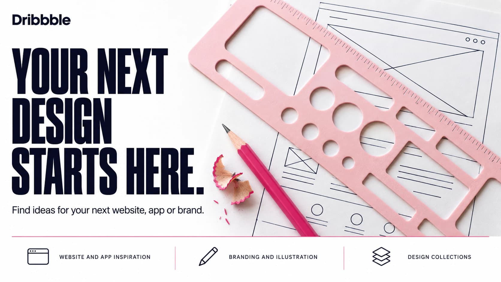 Dribbble editorial artwork showing a pink drafting stencil and pencil over website wireframe sketches